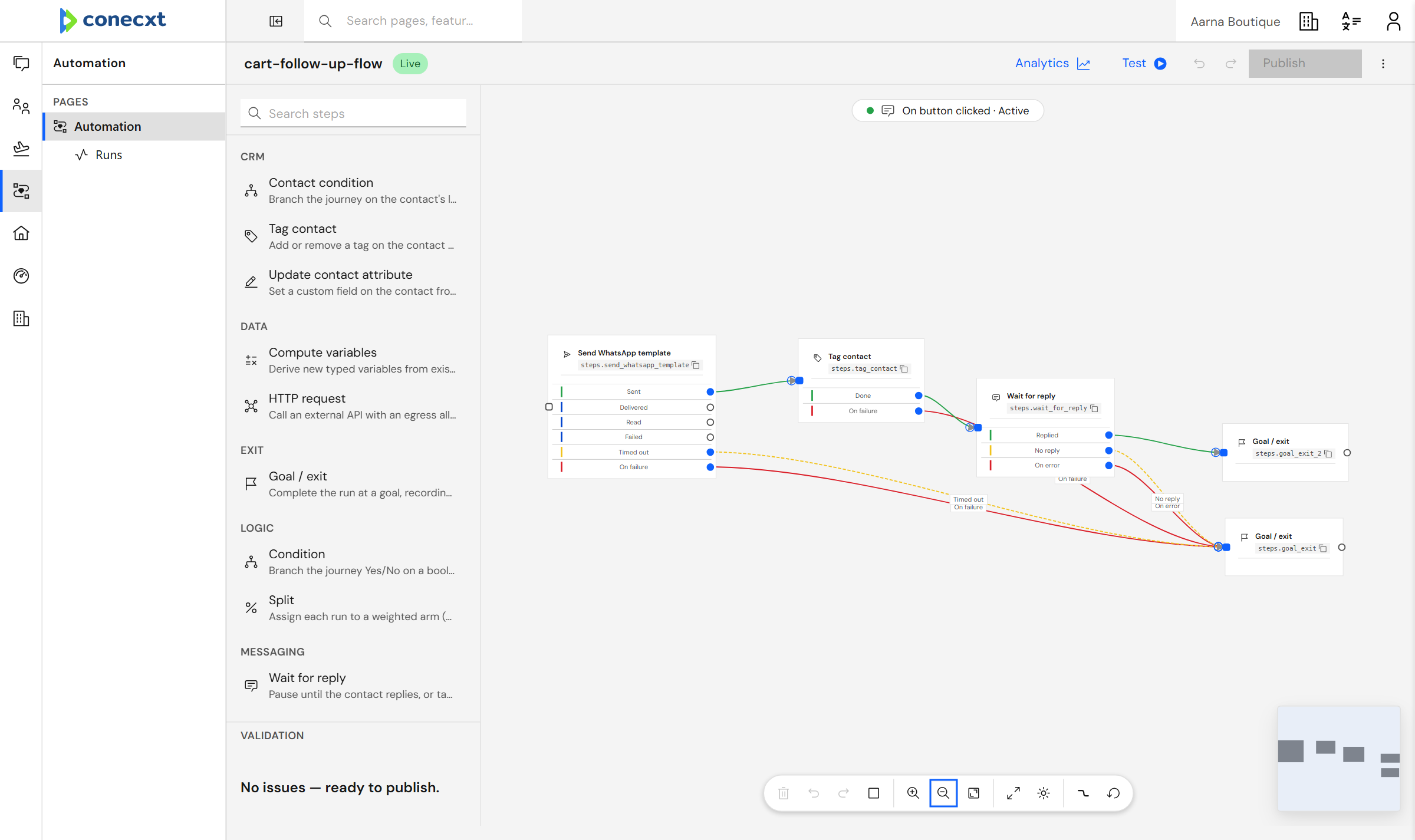 The journey builder: a follow-up with a template send, a tag, a wait for reply and two exits.