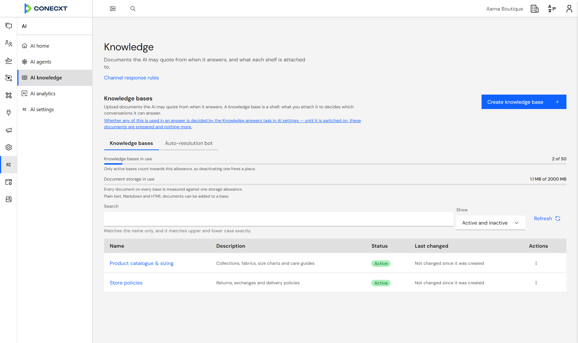 AI knowledge in Conecxt: a product catalogue and store policies the AI agents answer from.
