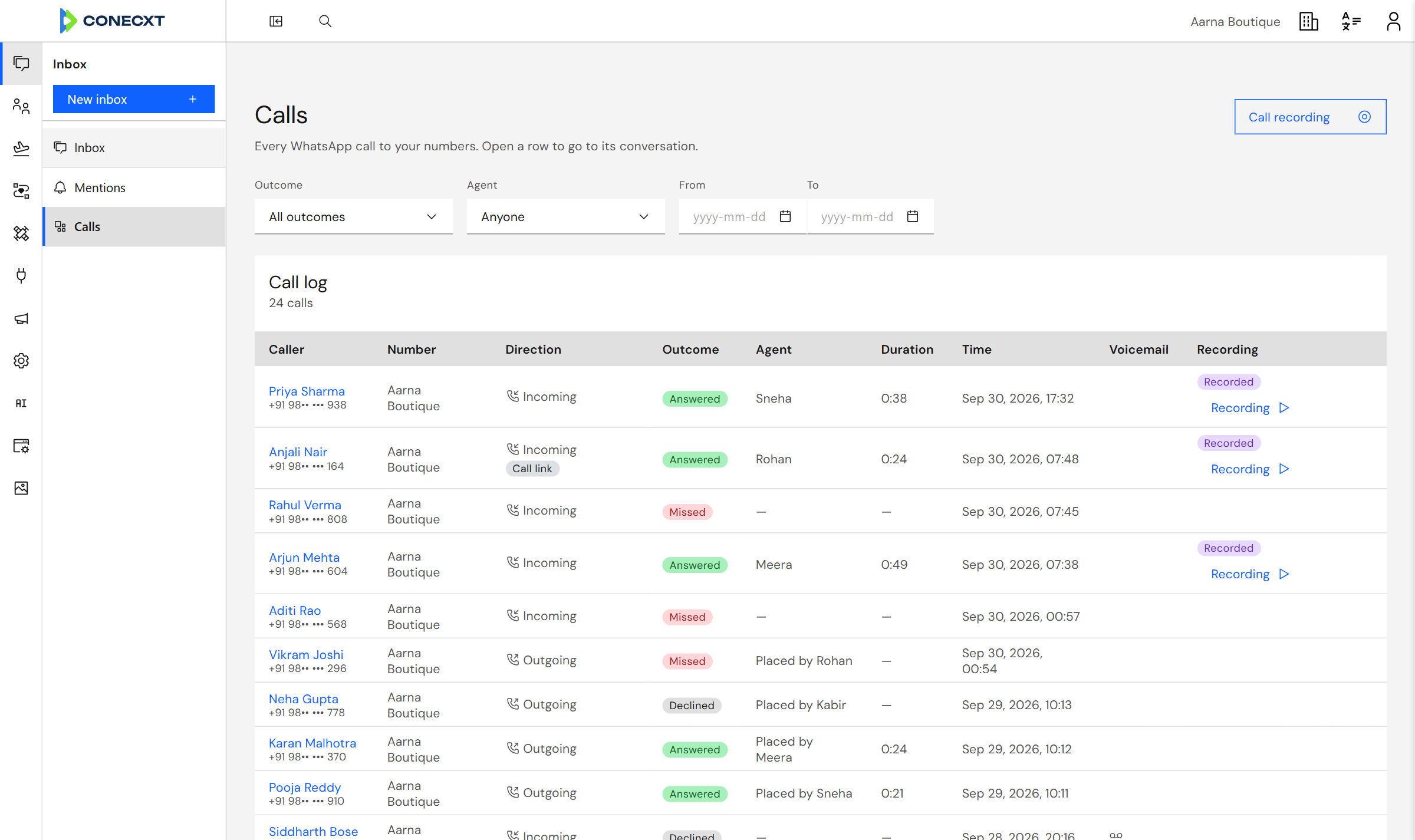 The Conecxt calls log: inbound and outbound WhatsApp calls with outcome, agent and time.