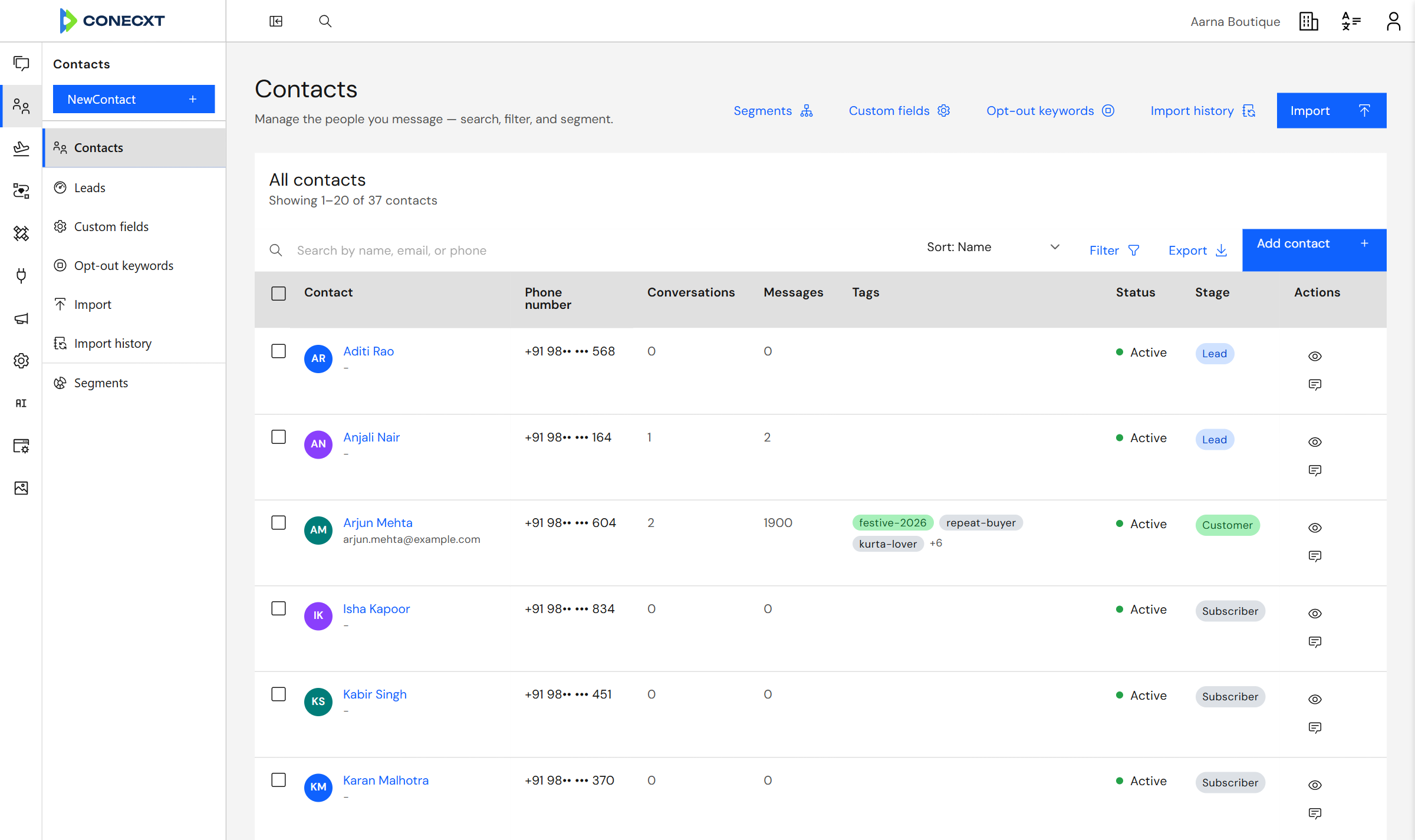 The contact list: people, their conversations, tags and stage.