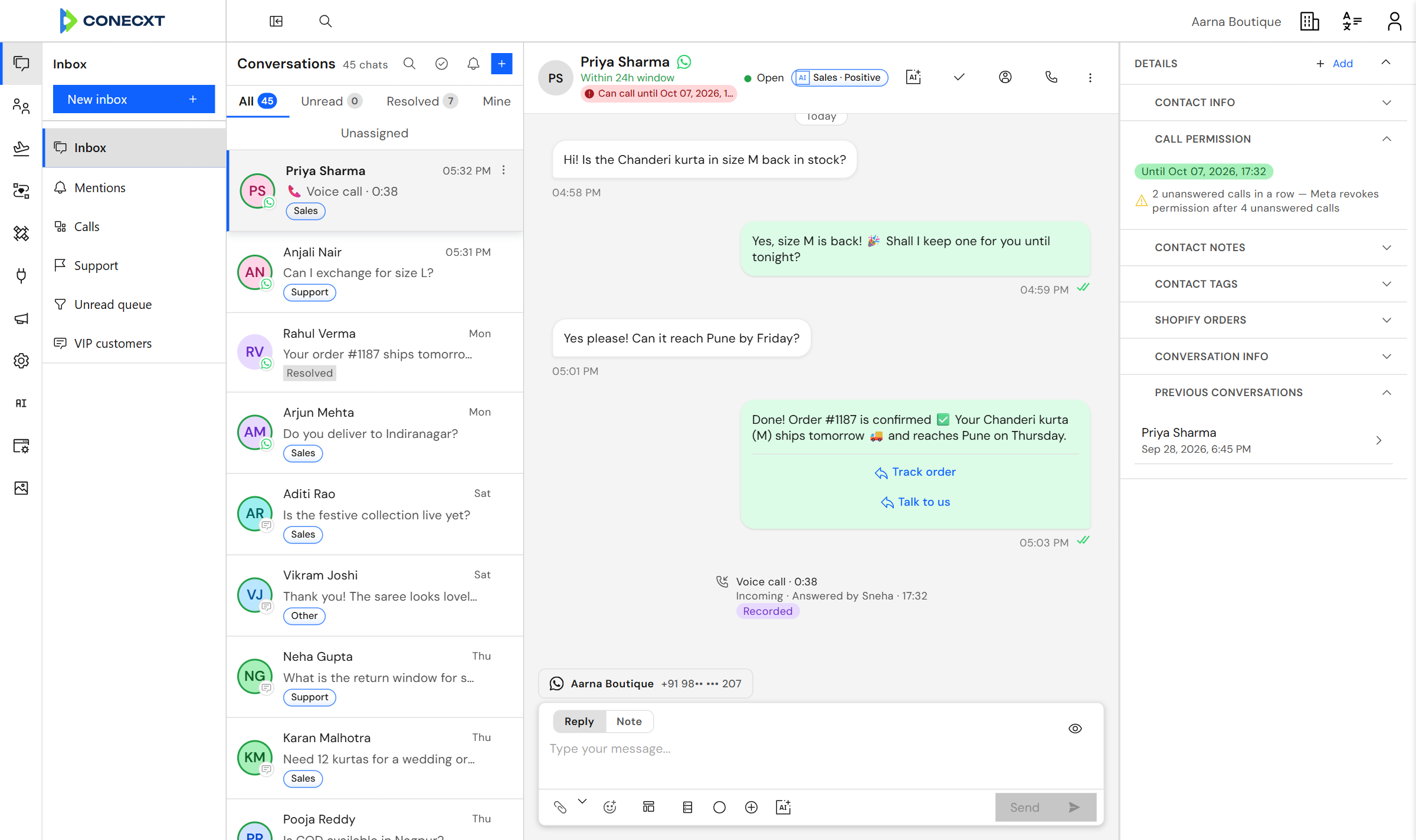 A WhatsApp conversation in the shared team inbox, with reply buttons and the customer's call permission.