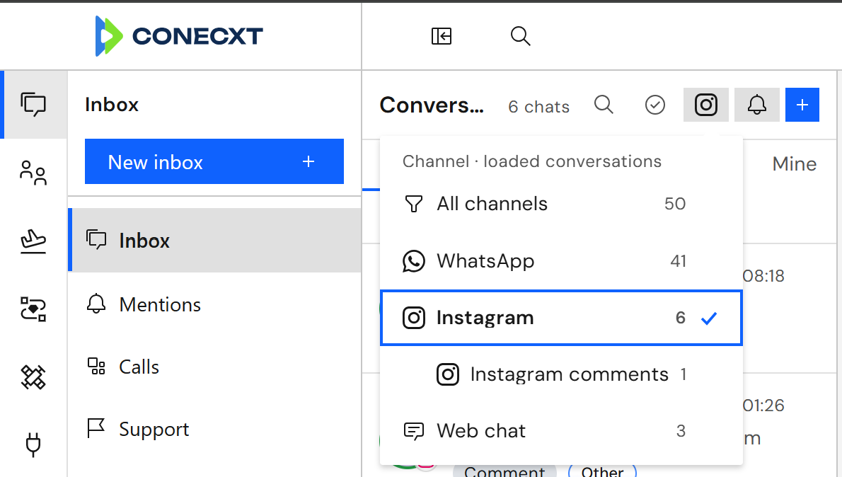 The channel filter in the Conecxt inbox: All channels, WhatsApp, Instagram with its comments, and Web chat