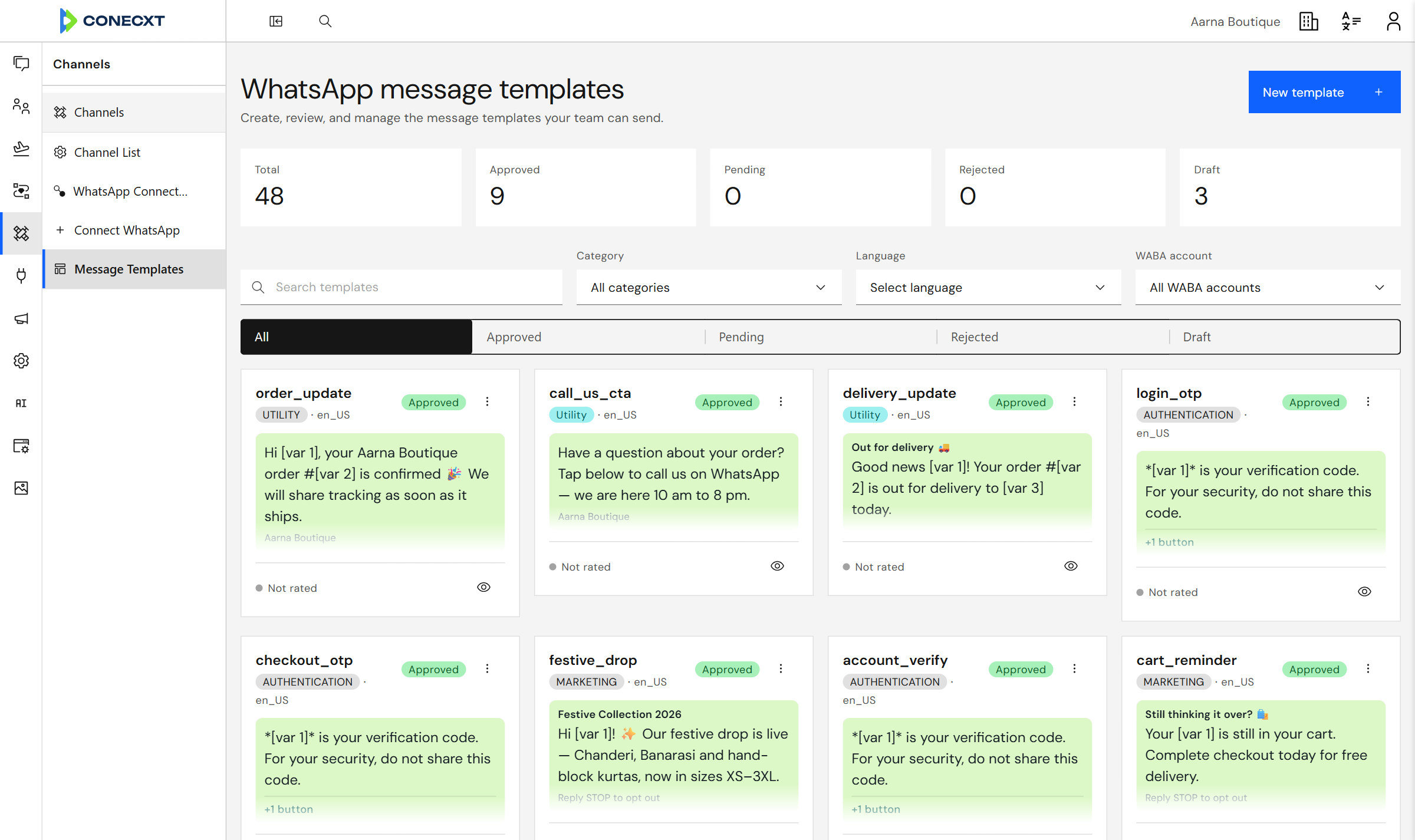 WhatsApp message templates for campaigns: order updates, festive drops and cart reminders, approved by WhatsApp.